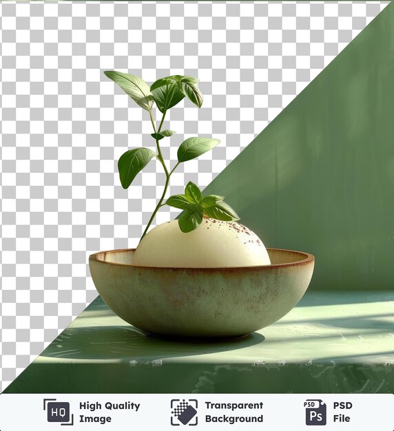 PSD transparent background psd ezogelin corbasi captures a green plant in a ceramic bowl placed on a transparent background against a green wall with a white shadow in the foreground