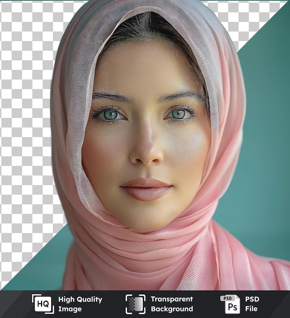 PSD transparent background psd fashi woman in pink hijab with blue and brown eyes small nose pink lips and brown eyebrow