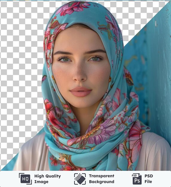 PSD transparent background psd fashi woman wearing a floral scarf with a pink flower showcasing her striking blue and brown eyes small nose and brown eyebrow