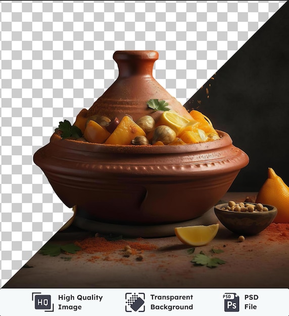 PSD transparent background psd flavorful moroccan tagine featuring sliced oranges lemons and a brown bowl on a table