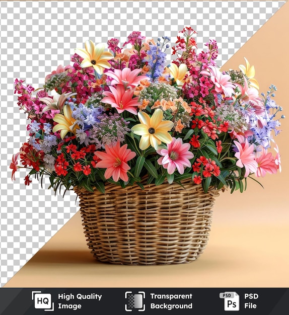 PSD transparent background psd fresh attractive flowers in wicker basket including pink yellow and pink and yellow blooms with a dark shadow in the foreground