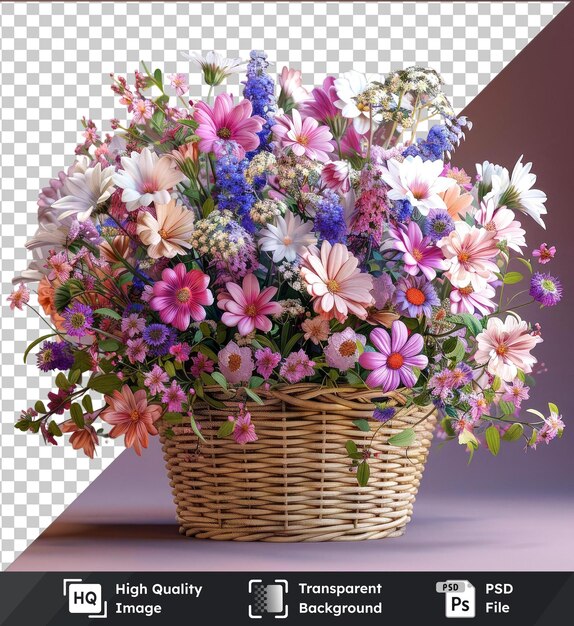 Transparent background psd fresh attractive flowers in wicker basket on a pink table