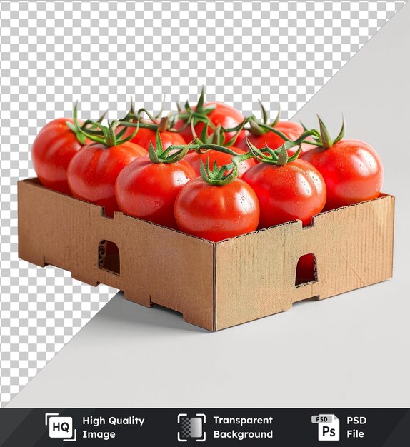 PSD transparent background psd fresh tomatoes in recyclable cardboard box mockup