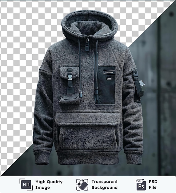 PSD transparent background psd front view capture a hoodie iron technical materials fabric label