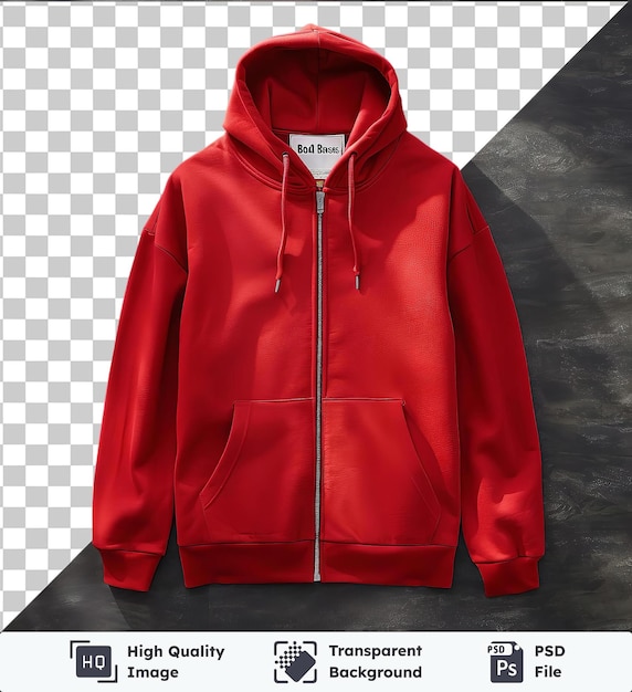 PSD transparent background psd front view capture a premium hoodie red cotton material fabric label