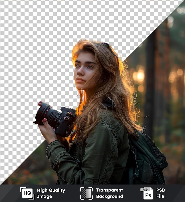 PSD transparent background psd girl photographer on sunset forest background holding a black camera