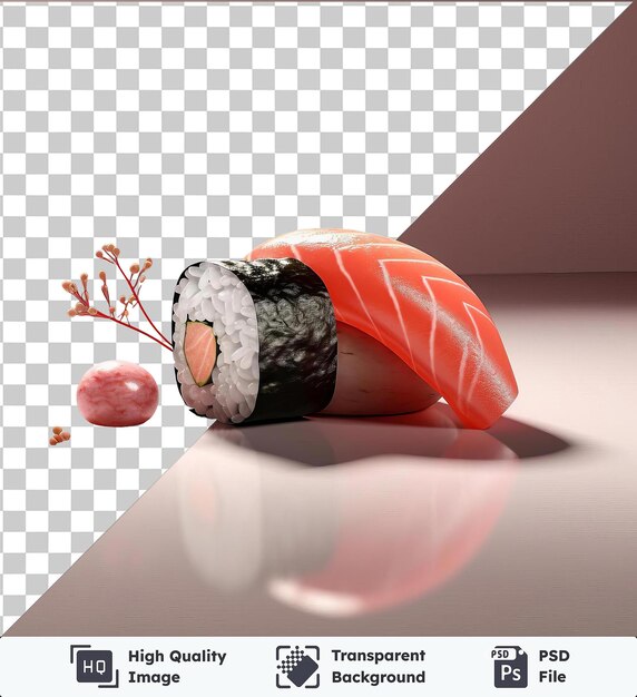 Transparent background psd glistening piece of sushi on a transparent background against a pink wall with a red stem visible in the foreground