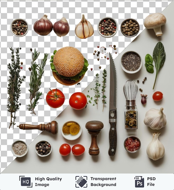 Прозрачный фон psd гурманский гамбургерный кулинарный набор с различными ингредиентами, включая красные помидоры, лук, чеснок и серебряный нож на прозрачном фоне