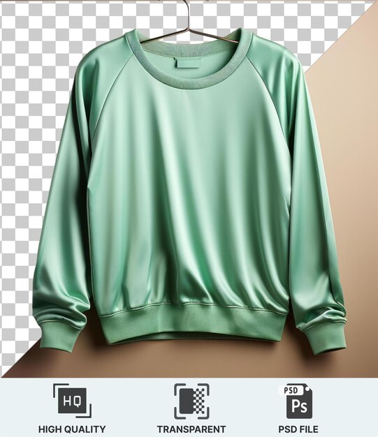 Transparent background psd a green shirt hanging on a metal hanger against a green wall