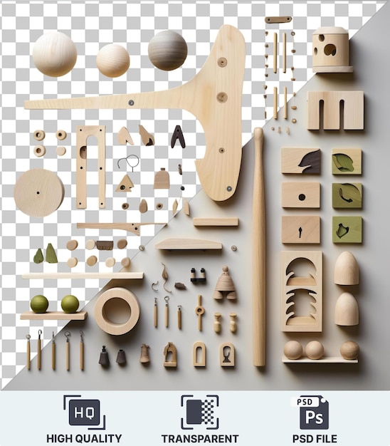 PSD 透明な背景 psd 手作りの木製のおもちゃセット 白いボールの木製のスプーンと小さな白い棚