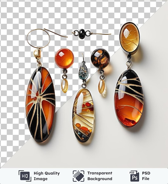 PSD transparent background psd handmade glass jewelry set earrings in silver gold and orange