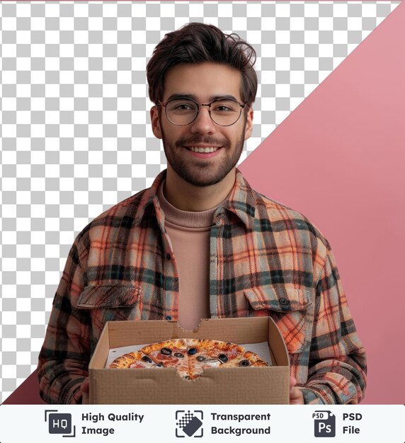 PSD transparent background psd handsome young man holding box with fresh pizza in his hands