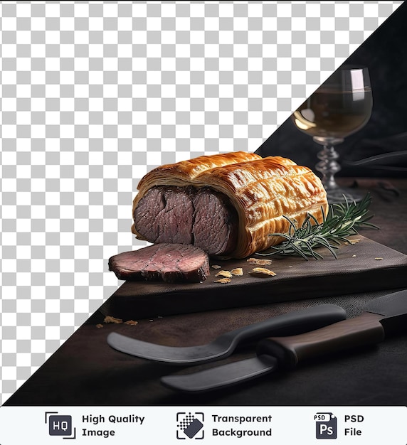 Transparent background psd hearty beef wellington served on a wooden cutting board with a silver knife accompanied by a glass of white wine in a clear glass and a white bowl on a black