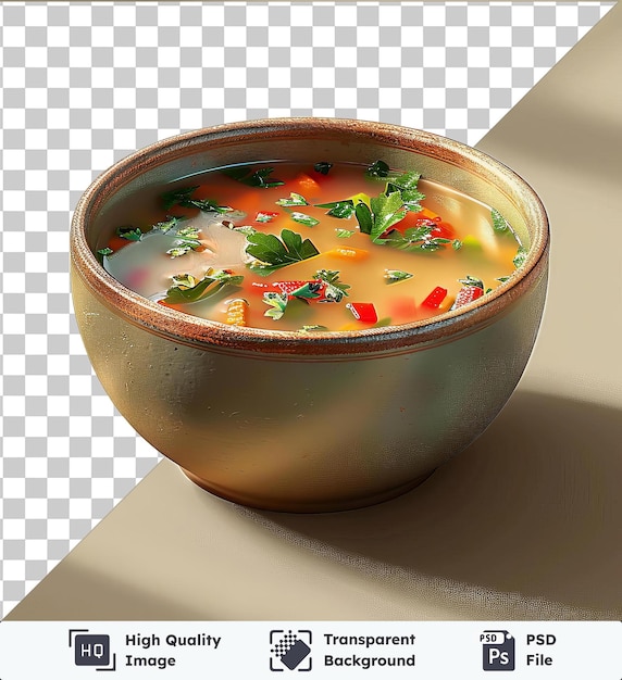 PSD transparent background psd hearty bowl of soup topped with a red pepper and green leaf served on a transparent background with a dark shadow in the foreground