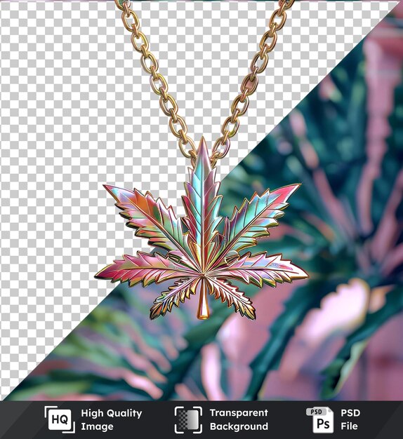 PSD transparent background psd hemp jewellery with gold chain flower and green leaf