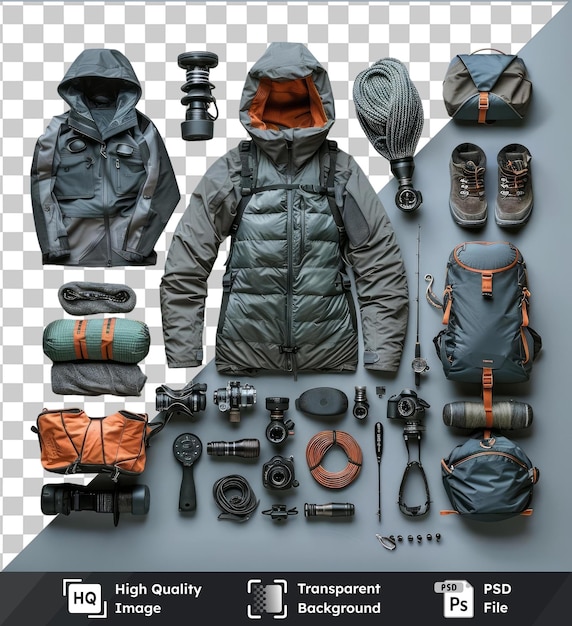 PSD transparent background psd high end fishing and outdoor gear set featuring a gray jacket silver and black camera and black and gray backpack