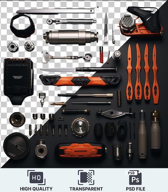 PSD transparent background psd high performance car tuning tools set a silver and gray bottle a black table and an orange pen