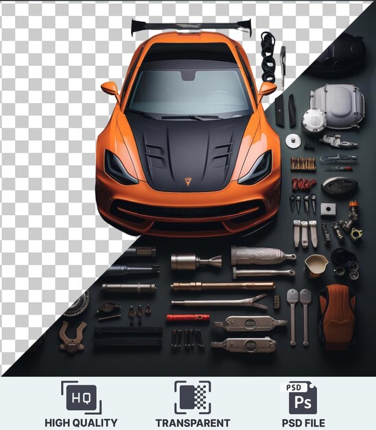 PSD transparent background psd high performance car tuning tools set a silver and gray camera a black pen and an orange car