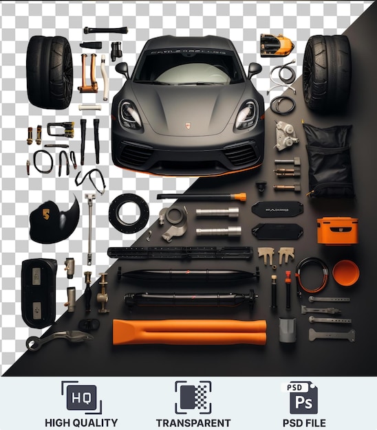 PSD transparent background psd high performance car tuning tools set a silver and gray car an orange handle and a black pen