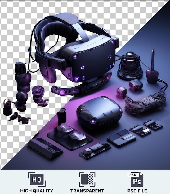 PSD transparent background psd high tech virtual reality gaming setup set featuring a black headphone and a gray and black mouse