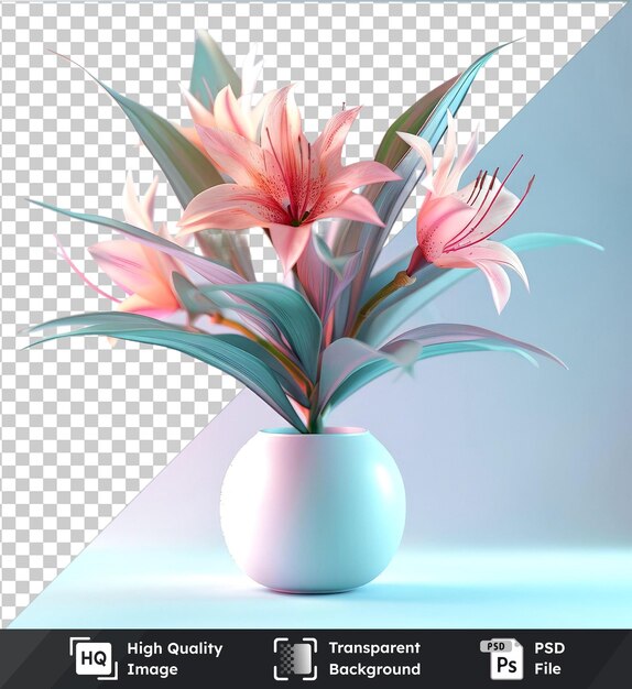 PSD transparent background psd hominy pink flowers in a white vase sit on a blue table surrounded by green leaves