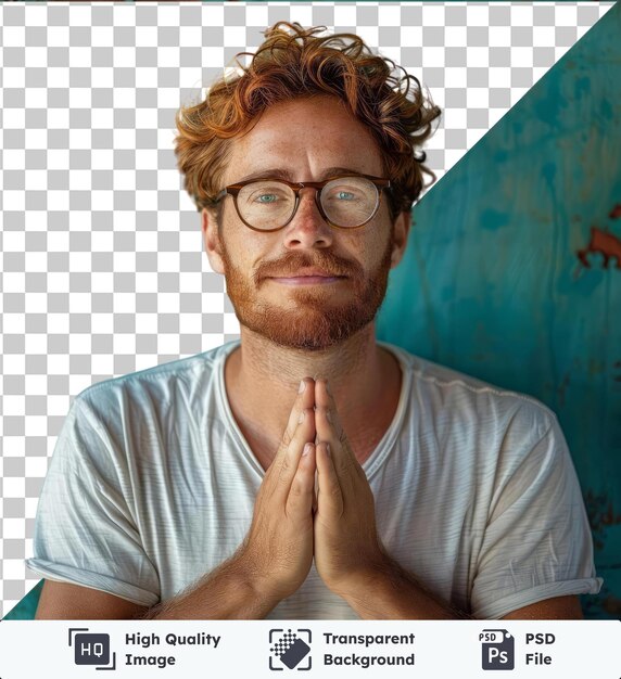 PSD transparent background psd hopeful redhead man with beard wearing glasses and t shirt holding hands in namaste or plead gesture and looking right smiling and thanking standing over turquoise wall