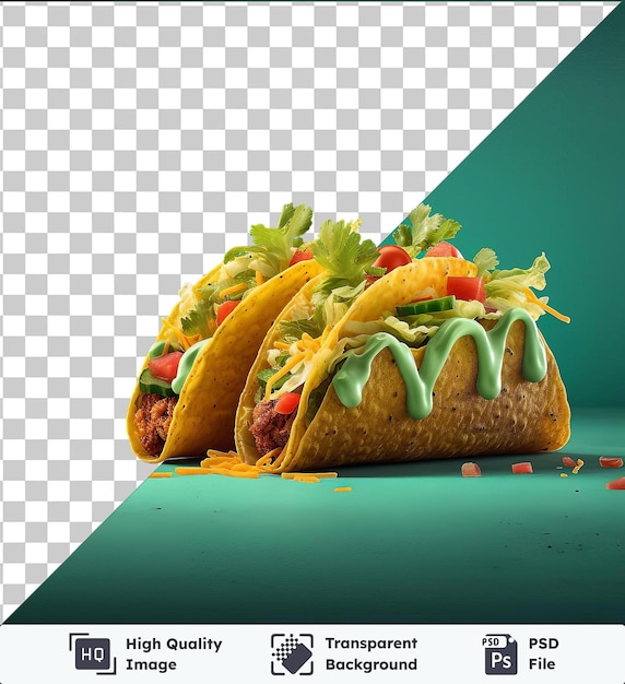 PSD transparent background psd hot and spicy tacos topped with green lettuce and served on a blue table against a green wall
