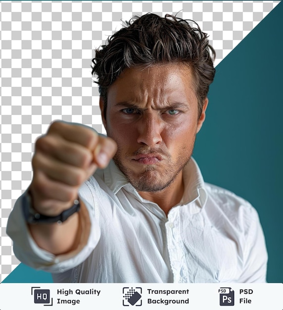 PSD transparent background psd isolated on blue attractive serious caucasian male brunette businessman in costly black watch and white shirt look at camera show fist screaming