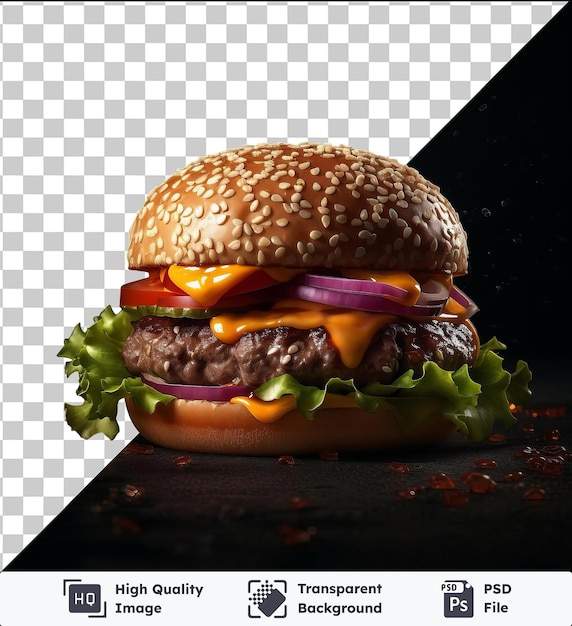 Transparent background psd juicy burger with lettuce tomato and purple onion on brown bun