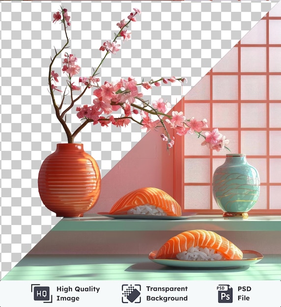 PSD transparent background psd kaiseki showcases a collection of vases and plates on a green table against a pink wall with an orange fish adding a pop of color
