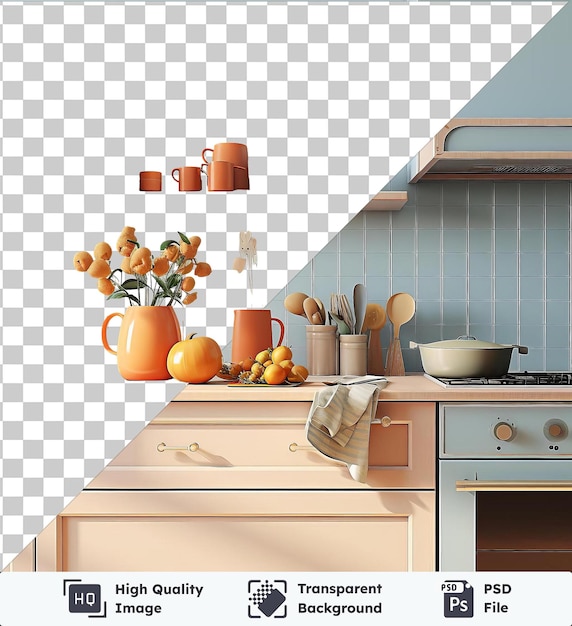 PSD transparent background psd kitchen artwork featuring a white bowl wood spoon and orange pitcher on a white countertop with a wood and white drawer and shelf in the background set against a blue