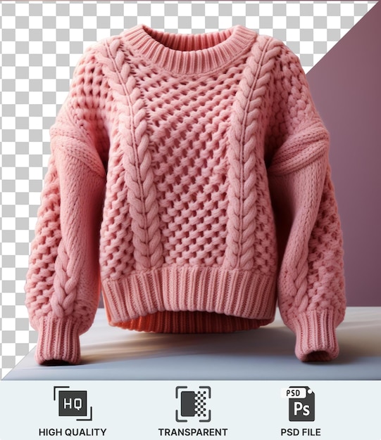 Sfondo trasparente psd un maglione lavorato a maglia esposto su un tavolo bianco contro un muro rosa con un lungo braccio visibile in primo piano