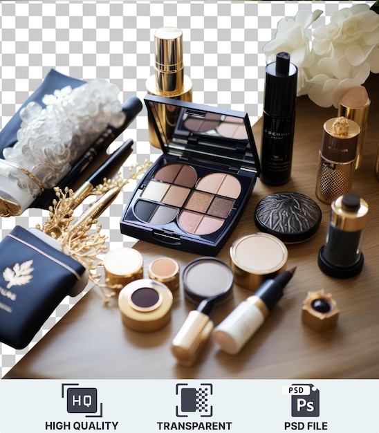 Transparent background psd luxury bridal makeup and beauty products set up on a wooden table