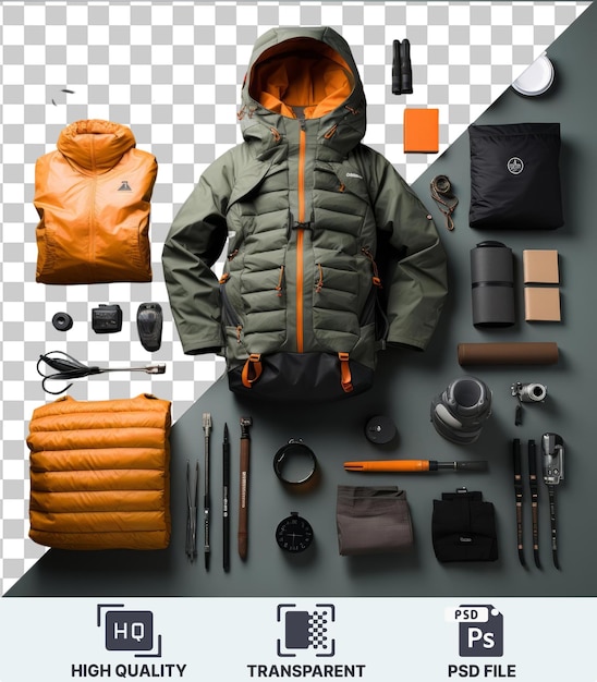 PSD transparent background psd luxury outdoor camping gear set a green jacket orange pen silver and gray headphones and an orange bag