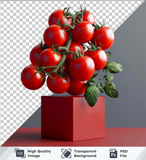PSD sfondo modello psd trasparente di un grappolo di pomodori appeso sopra un podio rosso accompagnato da una foglia verde e una scatola rossa contro una parete grigia