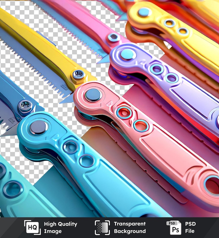 PSD transparent background psd mockup of colored cutters blue pink and yellow handles with a blue