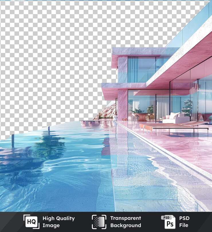 PSD transparent background psd mockup of a luxury house featuring a swimming pool surrounded by a blue sky and white clouds with a large rock in the foreground and a white chair for relaxation