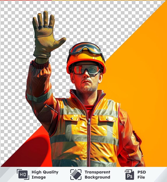 PSD transparent background psd mockup of worker in safety gear with hand raised in front of colorful