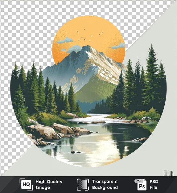 Transparent background psd nature scene with river hills forest and mountain