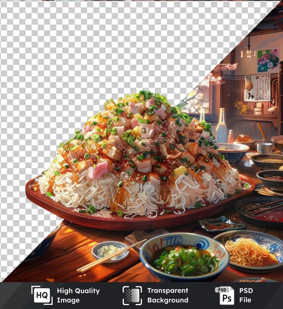 PSD transparent background psd of okonomiyaki on white plate with fork and white bowl on wooden table