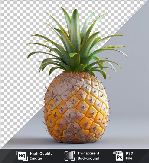 PSD transparent background psd pineapple fruit with a green top and leaf casting a dark shadow