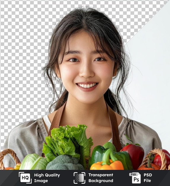 Transparent background psd portrait beautiful young asian woman smile with grocery basket from supermarket