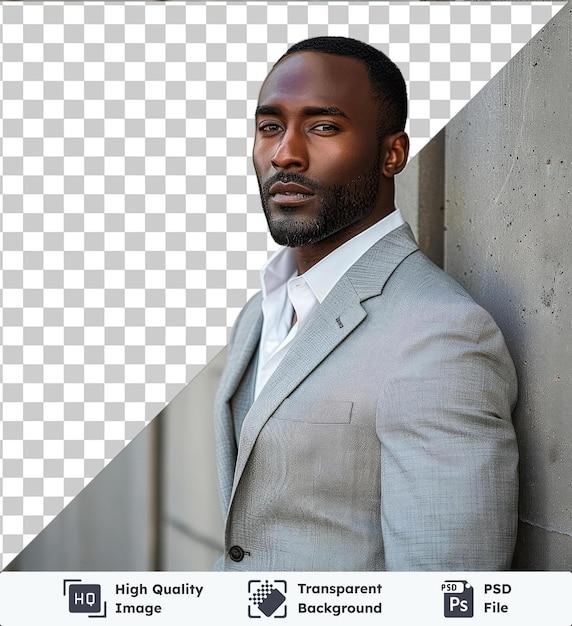 PSD 透明な背景: 都市のコンクリートの壁に灰色のスーツを着た優雅でハンサムな黒人ビジネスマンのpsd肖像画