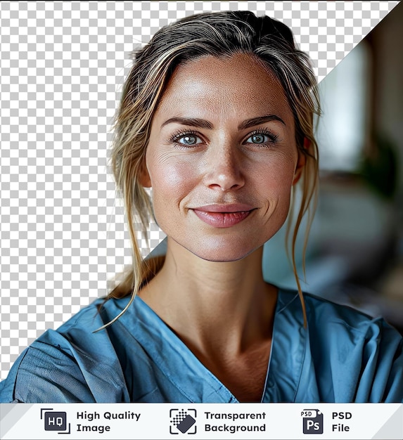 PSD 透明な背景: コロナウイルスの隔離期間中にカメラを見て笑顔を浮かべる白人女性看護師のpsdポートレート