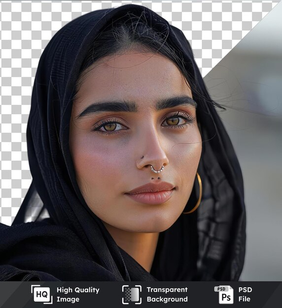 Прозрачный фон псд портрет спокойной молодой женщины с черным хиджабом и кольцом на носу с коричневыми глазами, черными бровями, розовыми губами и маленьким носом