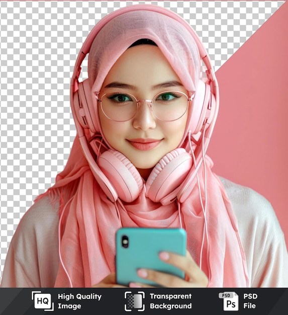 PSD transparent background psd positive young woman holding mobile phone and listening music with headphones wearing a pink scarf and glasses with a blue hand visible in the foreground