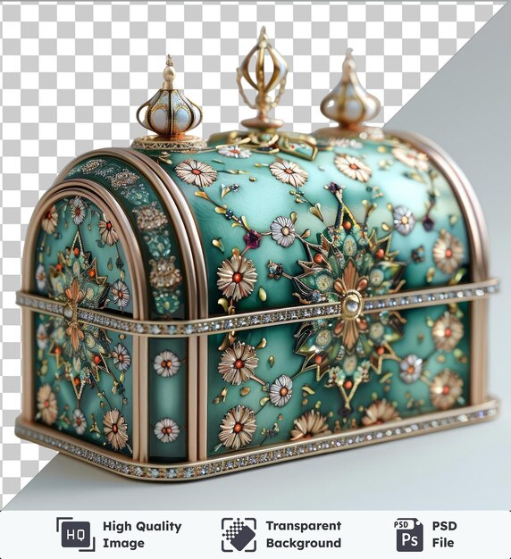 Sfondo trasparente scatola di beneficenza psd ramadan adornata con una corona d'oro e un fiore bianco