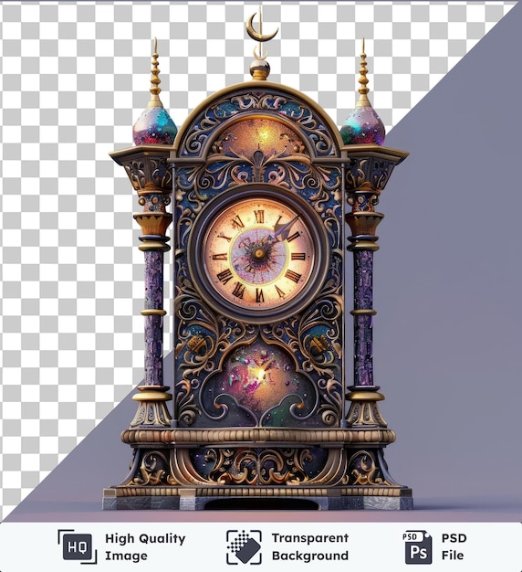 Transparent background psd ramadan countdown calendar featuring a gold clock with a black hand against a blue sky backdrop