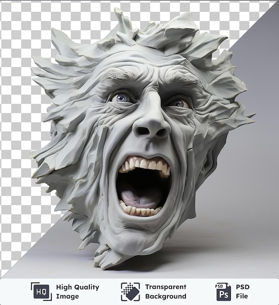PSD transparent background psd realistic photographic ceramic sculptor39s clay sculpture featuring a gray face with a large nose open mouth and brown eyes accompanied by a black shadow