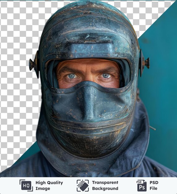 PSD transparent background psd repair man wearing professional welding mask over head covering face for protection from the sun